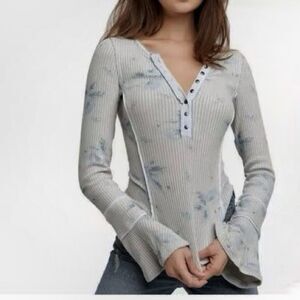FREE PEOPLE Layer Me Henley Ribbed Long Sleeve Top Grey Combo M